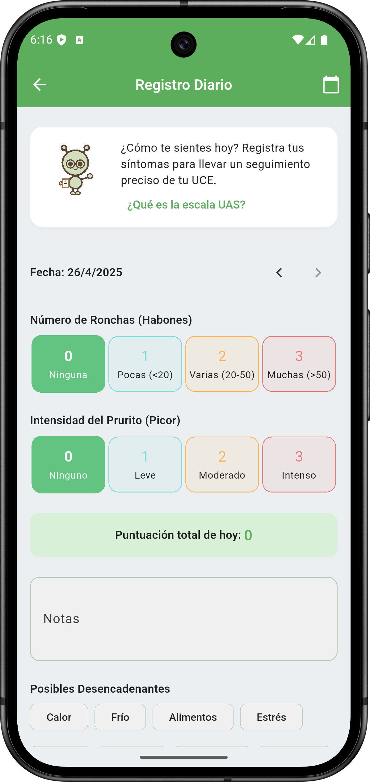 Pantalla de registro de síntomas